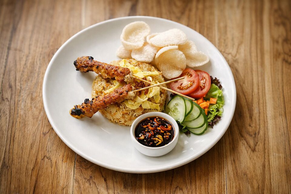 Nasi goreng topped with shredded omelette and crispy shallots, with chicken satay skewers, prawn crackers and sambal.